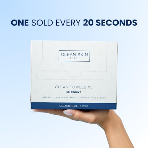 Clean Skin Club Clean Towels XL, 100% USDA Biobased Dermatologist Approved Face Towel, Disposable Clinically Tested Face Towelette, Facial Washcloth, Makeup Remover Dry Wipes, Ultra Soft (50 Count)