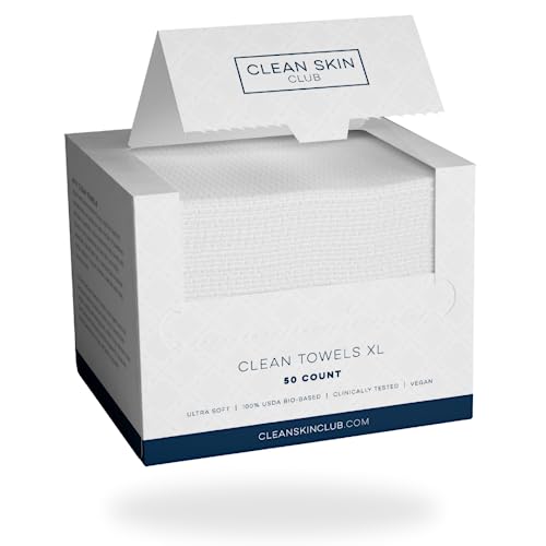 Clean Skin Club Clean Towels XL, 100% USDA Biobased Dermatologist Approved Face Towel, Disposable Clinically Tested Face Towelette, Facial Washcloth, Makeup Remover Dry Wipes, Ultra Soft (50 Count)