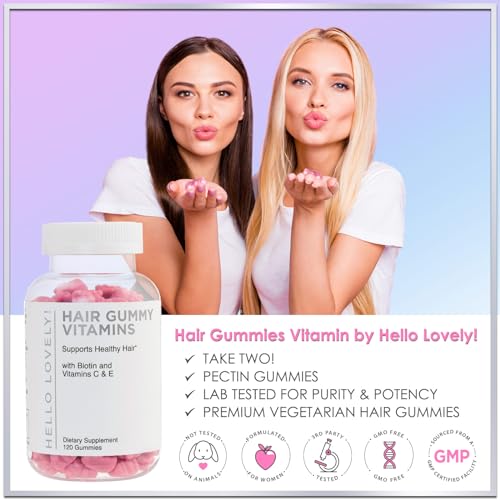 Hello Lovely! Hair Vitamins Gummies with Biotin 5000 mcg Vitamin E & C Support Hair Growth, Premium Vegetarian Non-GMO, for Stronger Beautiful Hair & Nails Supplement - 120 Gummy Bears